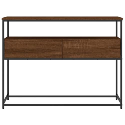 Brown Oak Narrow Console Table with 2 Drawers & Shelf O68831