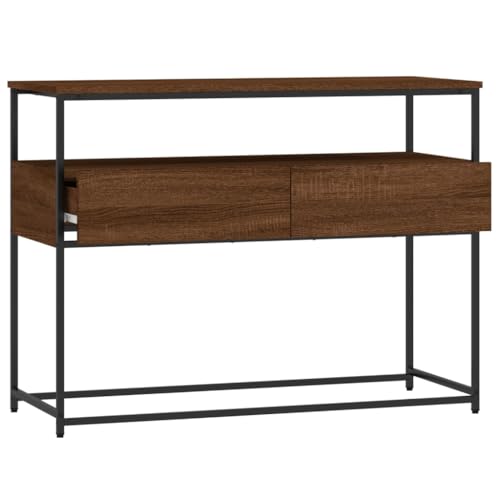 Brown Oak Narrow Console Table with 2 Drawers & Shelf O68831