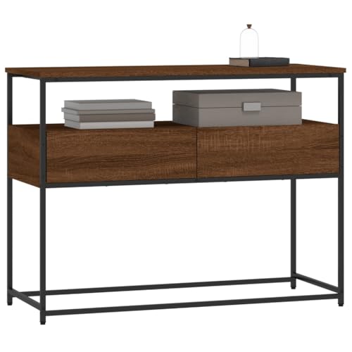 Brown Oak Narrow Console Table with 2 Drawers & Shelf O68831