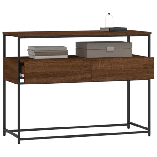 Brown Oak Narrow Console Table with 2 Drawers & Shelf O68831