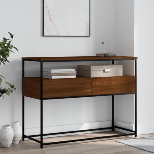 Brown Oak Narrow Console Table with 2 Drawers & Shelf O68831