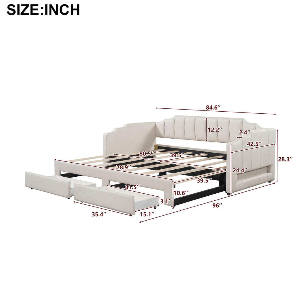Linen Upholstered Daybed with Trundle and 2 Storage Drawers B978755