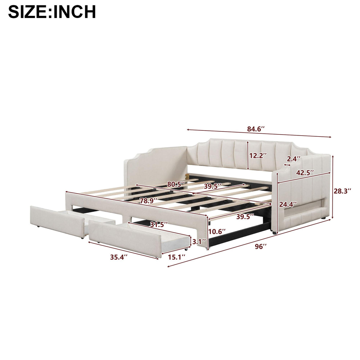Linen Upholstered Daybed with Trundle and 2 Storage Drawers B978755