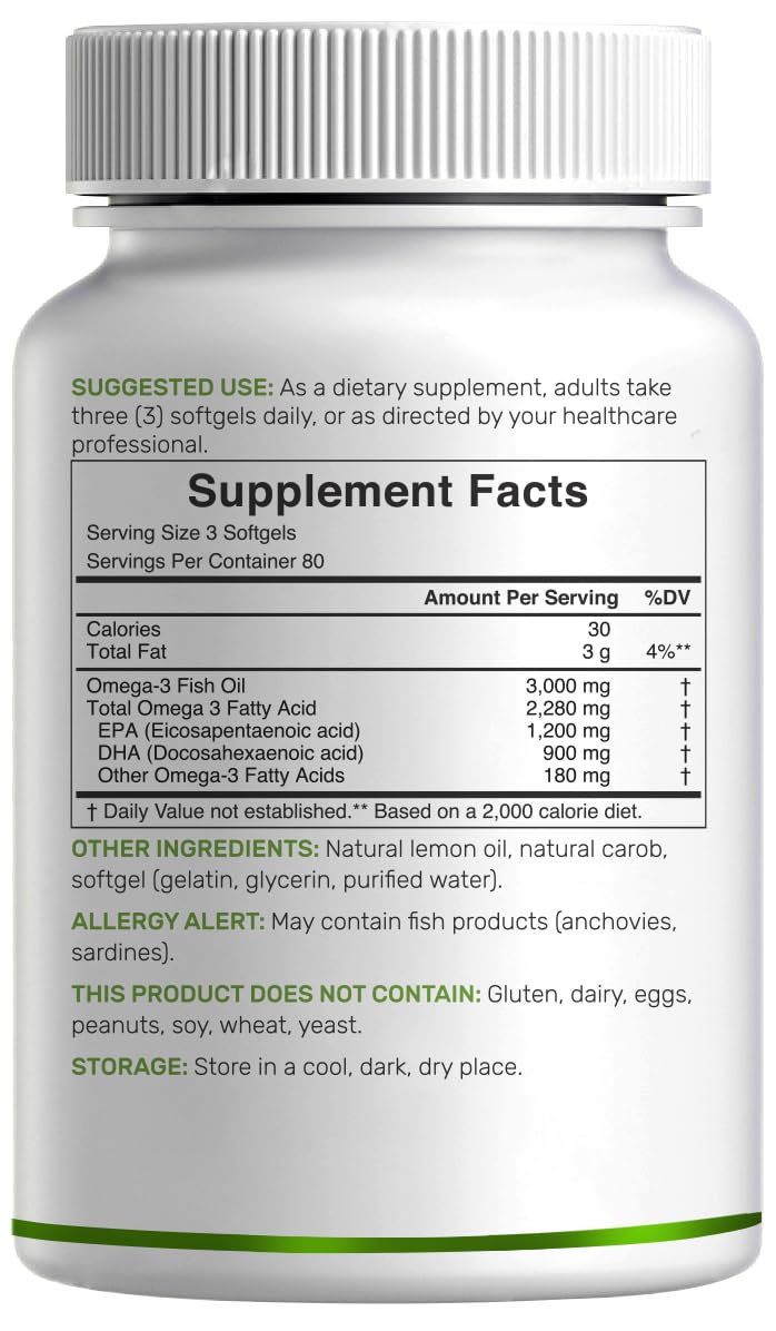 Omega 3 Fish Oil 3,000mg 240 Softgels EPA DHA Lemon Flavored Y633