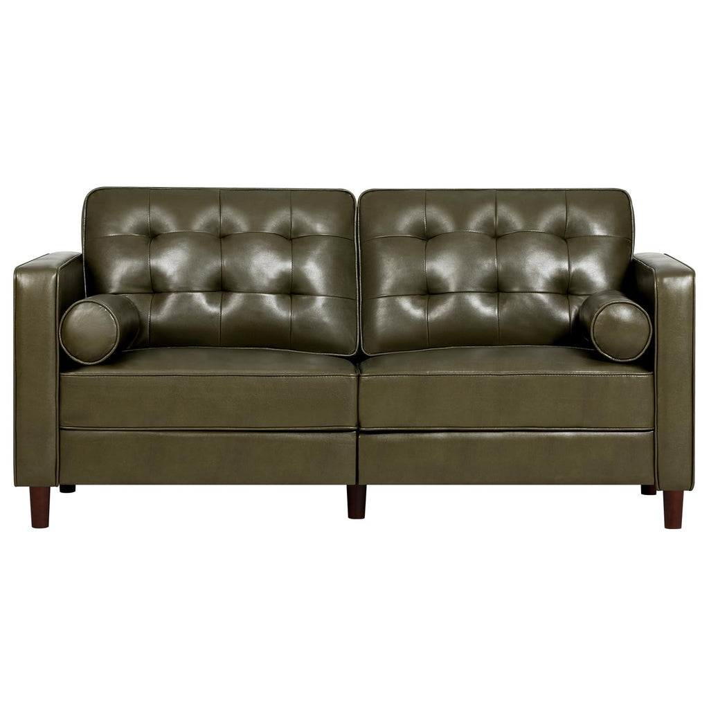 67" Olive Green Faux Leather 2-Seater Sofa with Bolster Pillows X9181