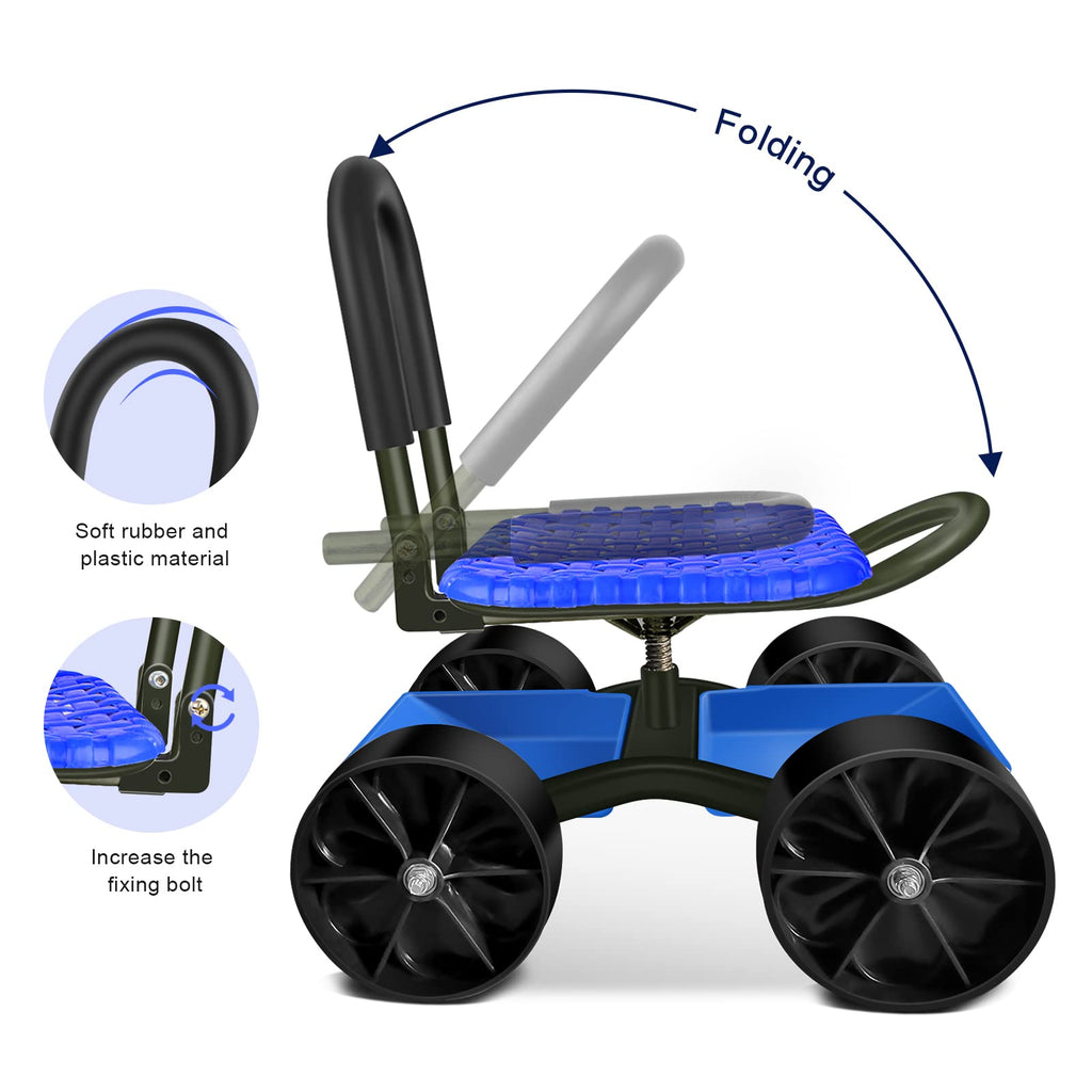 Blue Rolling Garden Cart with Four Wheels and Tool Bag W4101