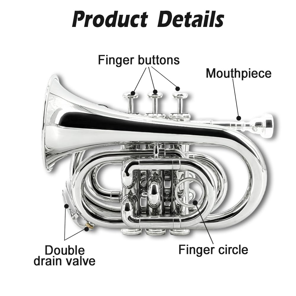 Pocket Trumpet Mini Brass Instrument with 7C Mouthpiece & Case F769923