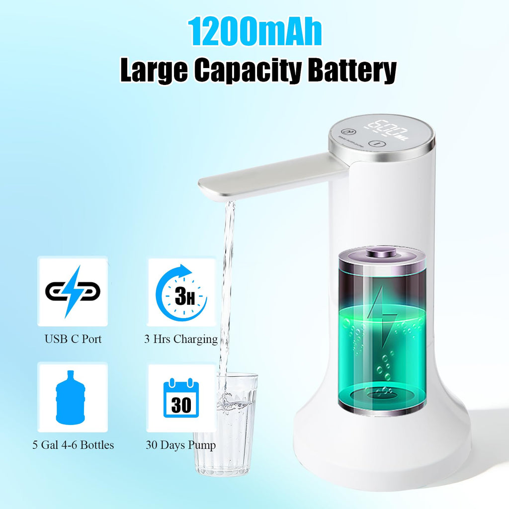 Countertop Water Dispenser with LED Display, Foldable Spout, 4 Dispense Modes, USB-C Rechargeable, White B10398
