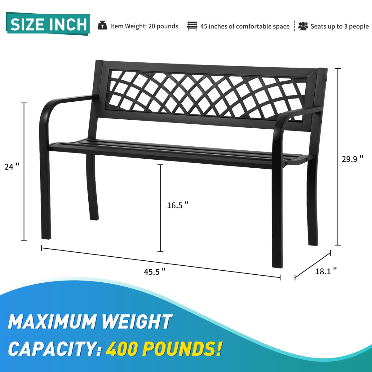 Black Iron Steel Outdoor Bench with Backrest and Armrests X3023
