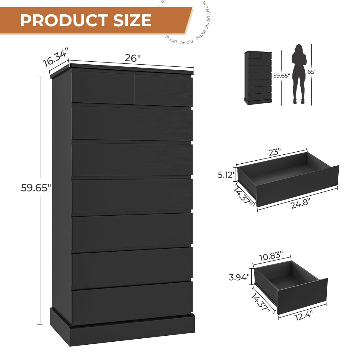Black 8 Drawer Wood Dresser D33965
