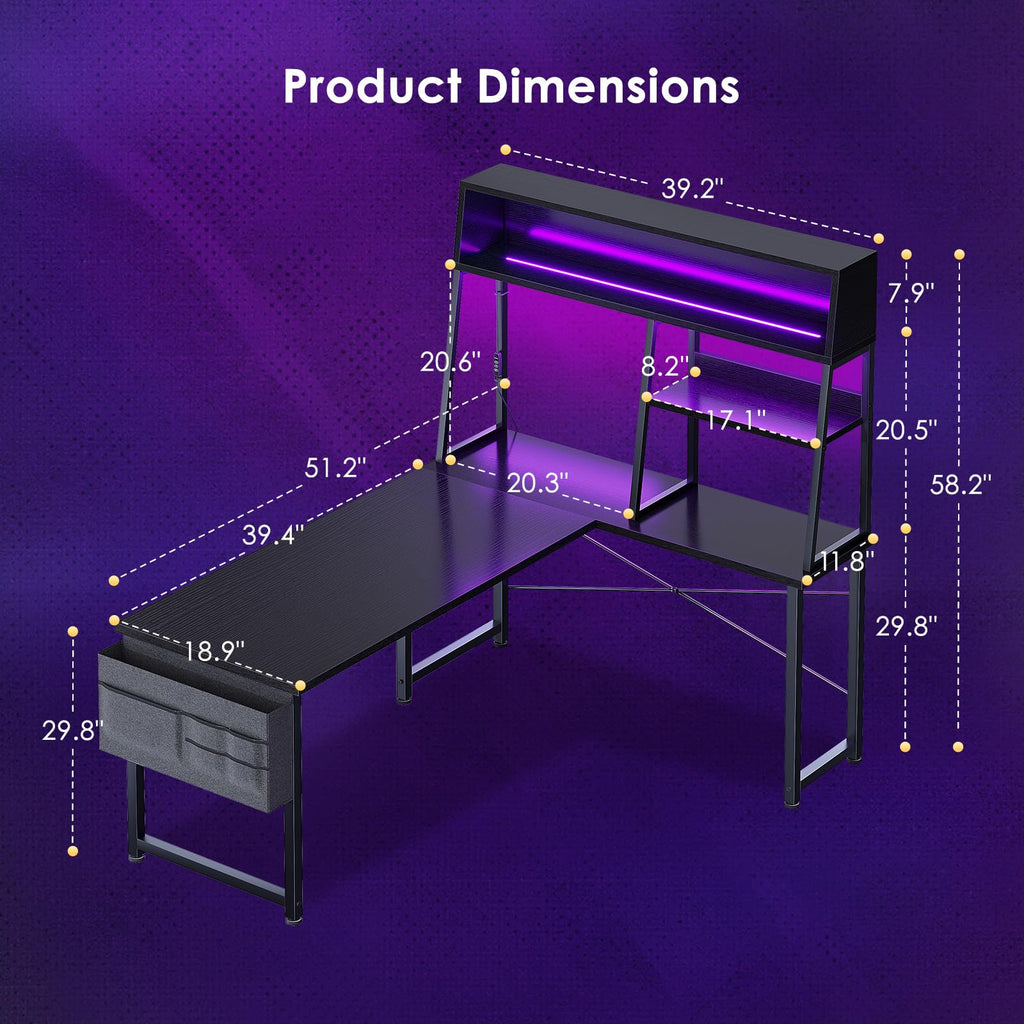 51 Inch L Shaped Gaming Desk with Display Shelves E63701