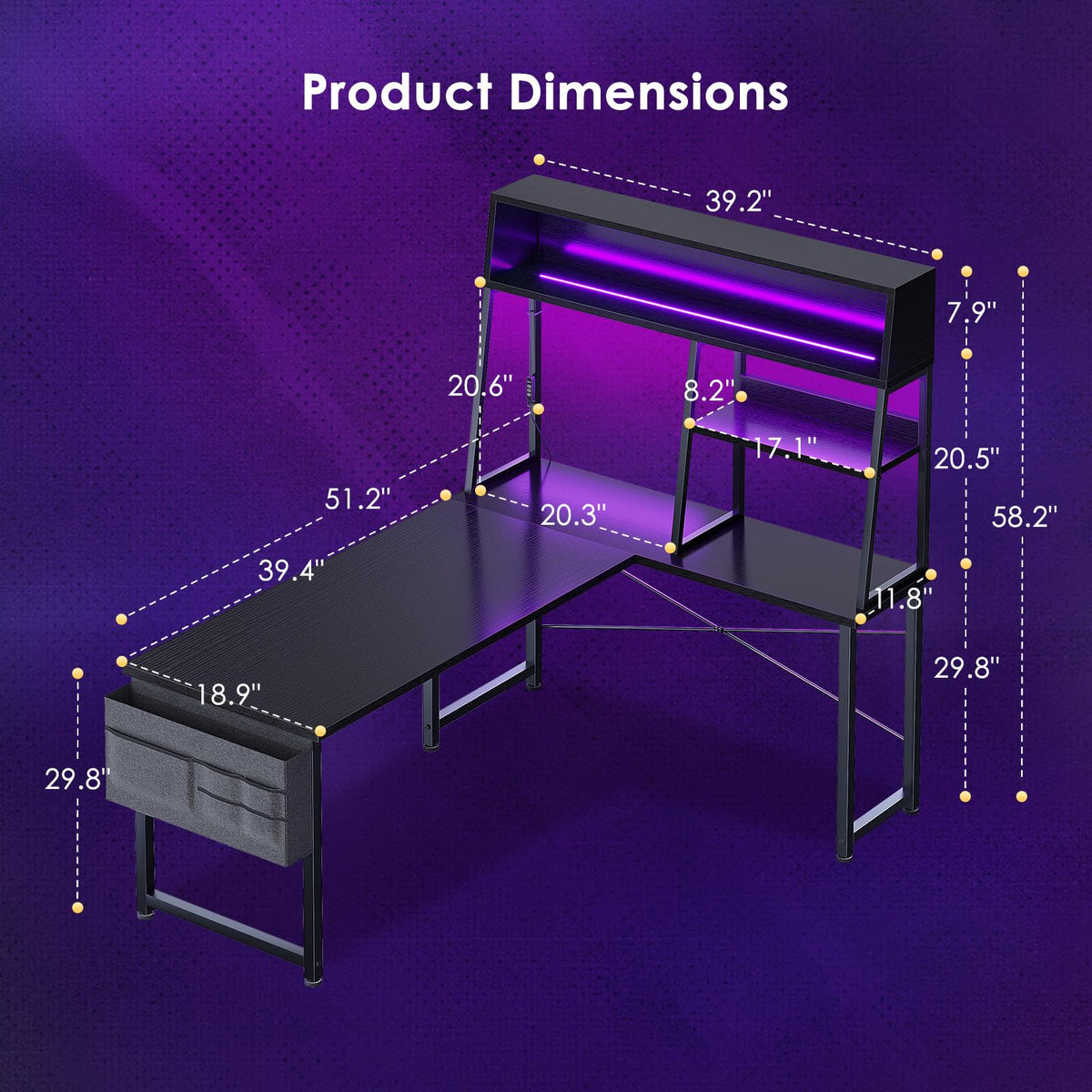 51 Inch L Shaped Gaming Desk with Display Shelves E63701