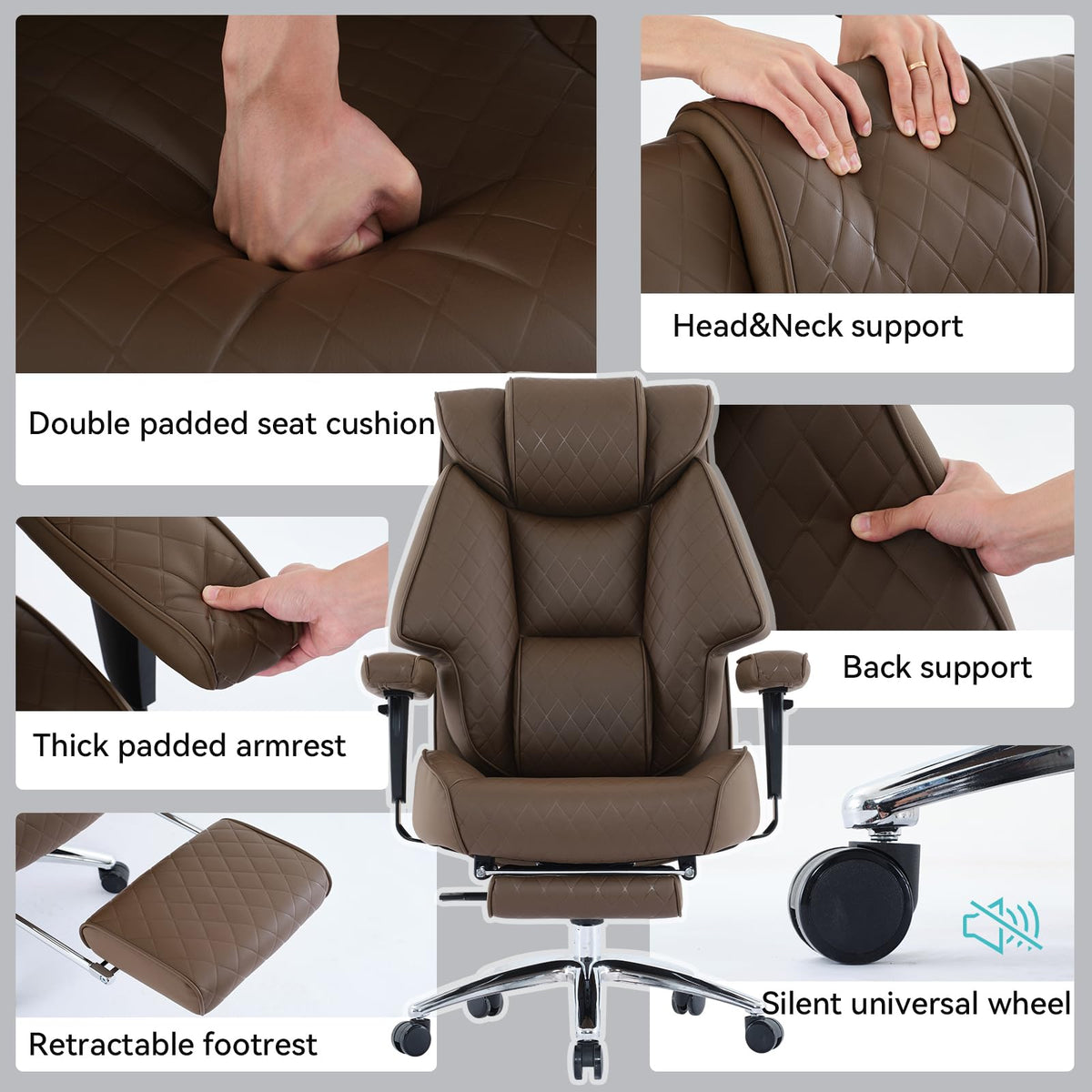 Big and Tall Office Chair with Footrest, PU Leather High Back Executive Chair 400lbs, Ergonomic Computer Chair Lumbar Support (Brown) X9273