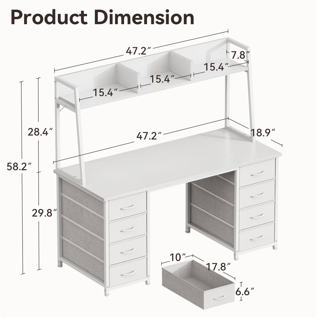 48 Inch White Computer Desk with Hutch and 8 Drawers E800938