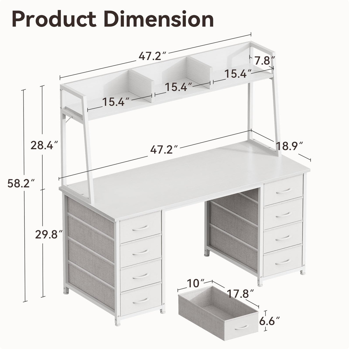 48 Inch White Computer Desk with Hutch and 8 Drawers E800938