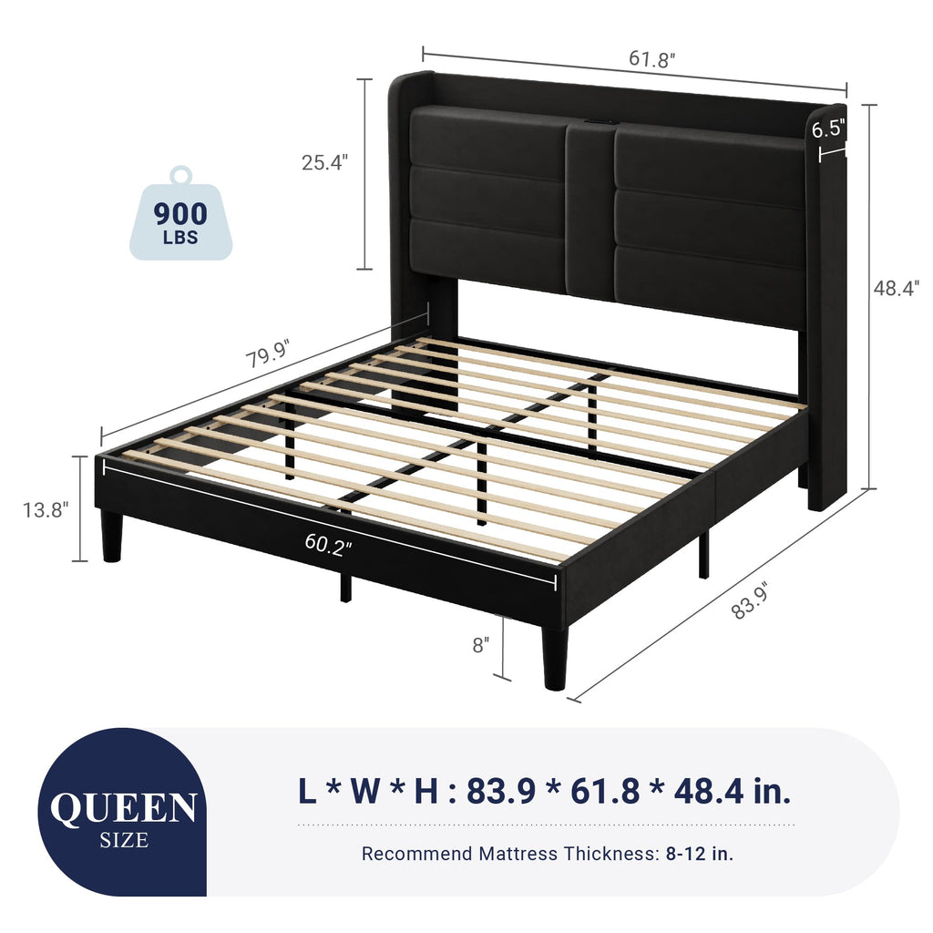 Queen Size Black Velvet Upholstered Platform Bed Frame with Storage Headboard W3457