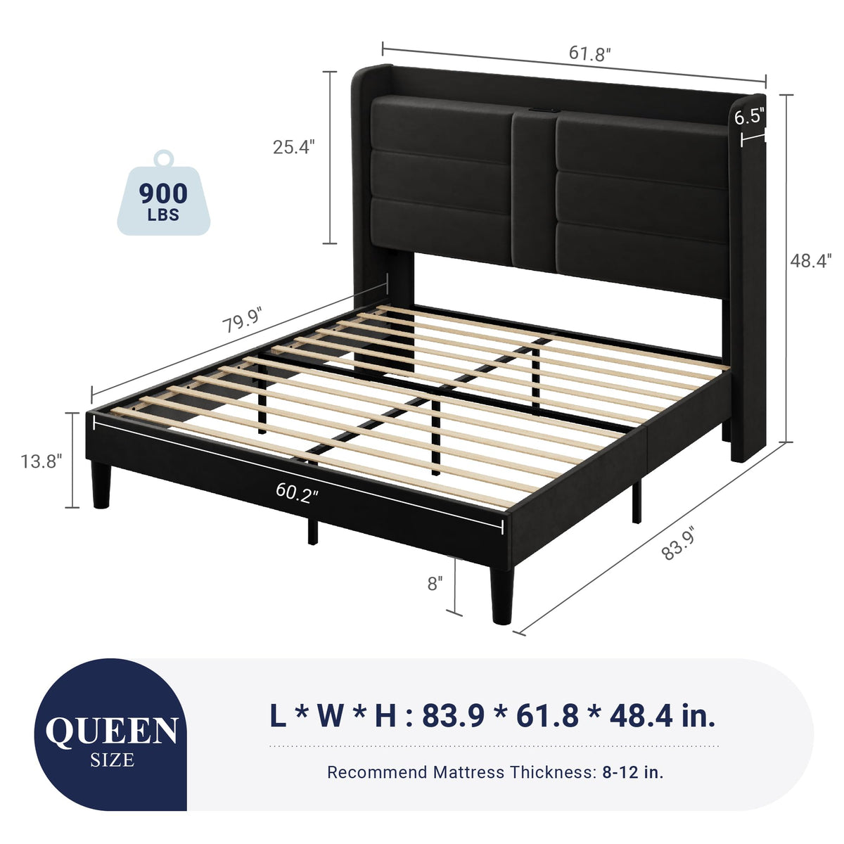 Queen Size Black Velvet Upholstered Platform Bed Frame with Storage Headboard W3457