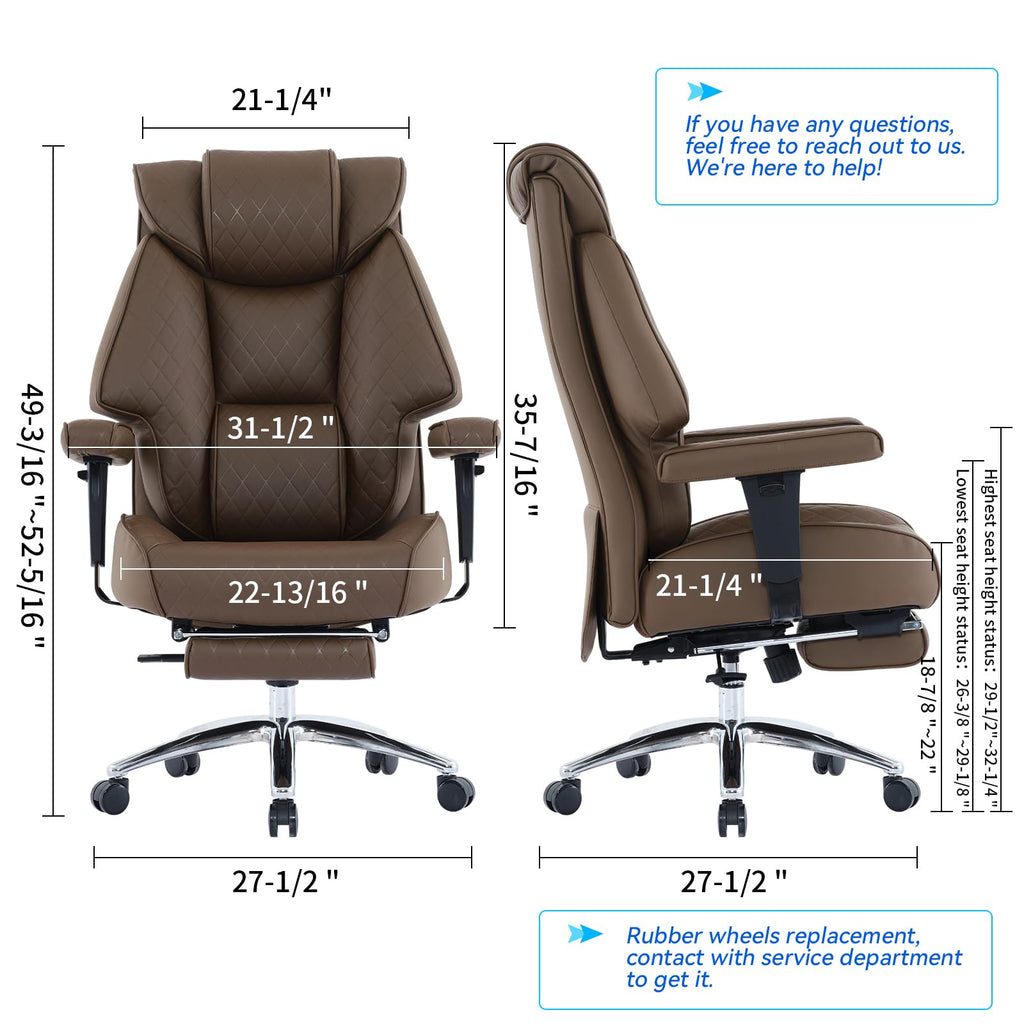 Big and Tall Office Chair with Footrest, PU Leather High Back Executive Chair 400lbs, Ergonomic Computer Chair Lumbar Support (Brown) X9273