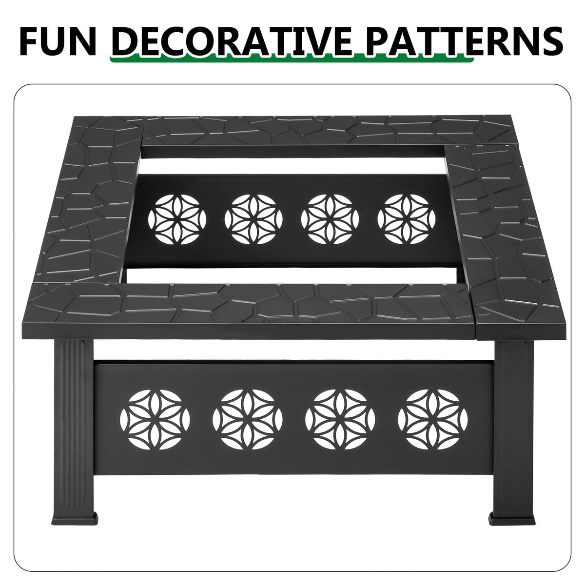 32 Inch Square Wood Burning Fire Pit Table with Spark Screen Lid and Fire Poker E73058