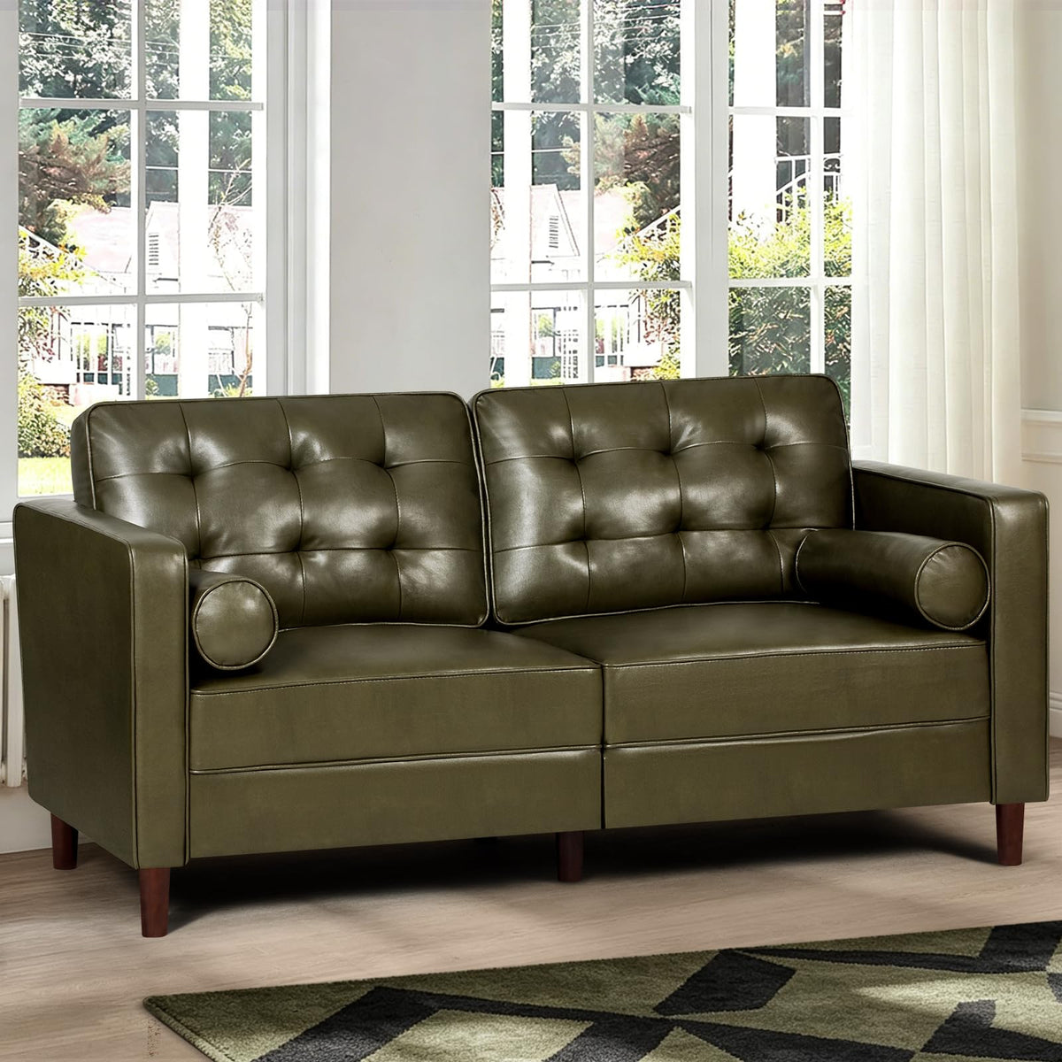 67" Olive Green Faux Leather 2-Seater Sofa with Bolster Pillows X9181