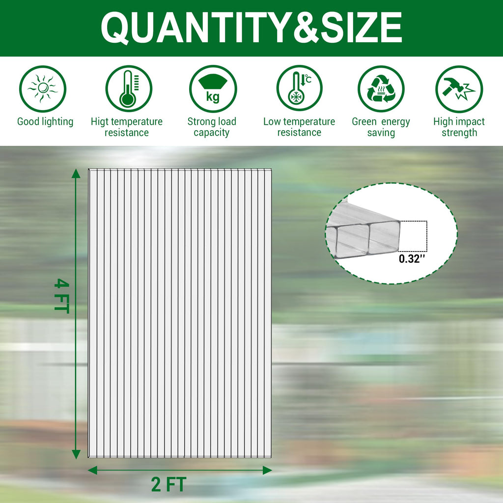 12 PCS Polycarbonate Greenhouse Panels 4' x 2' x 0.32'' X493
