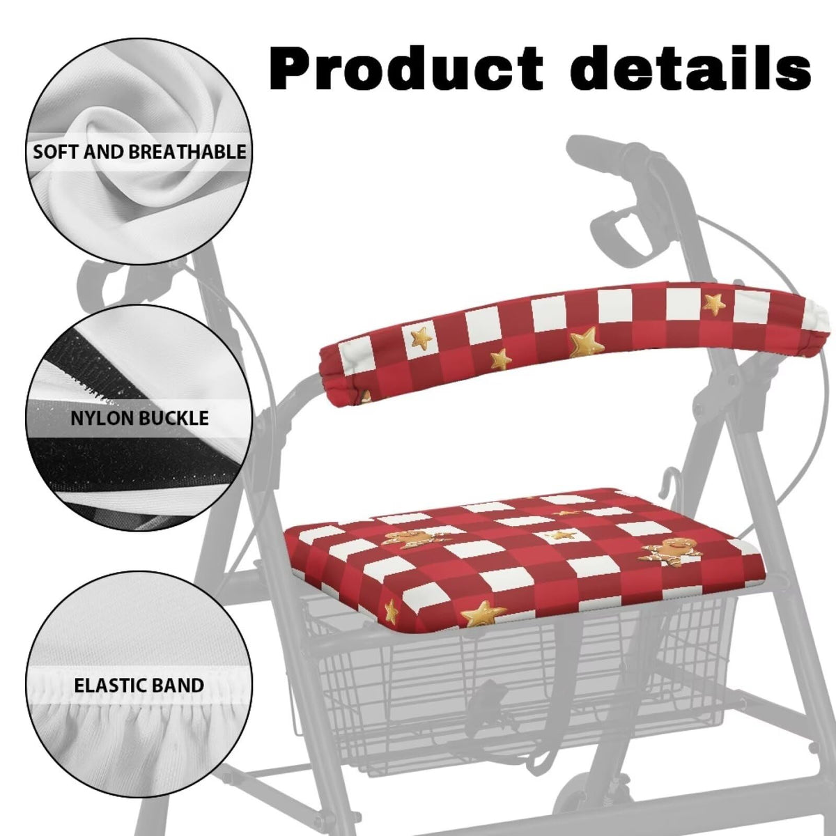 Red Lattice Rollator Walker Accessories Seat and Backrest Rollbar Covers Washable D876243