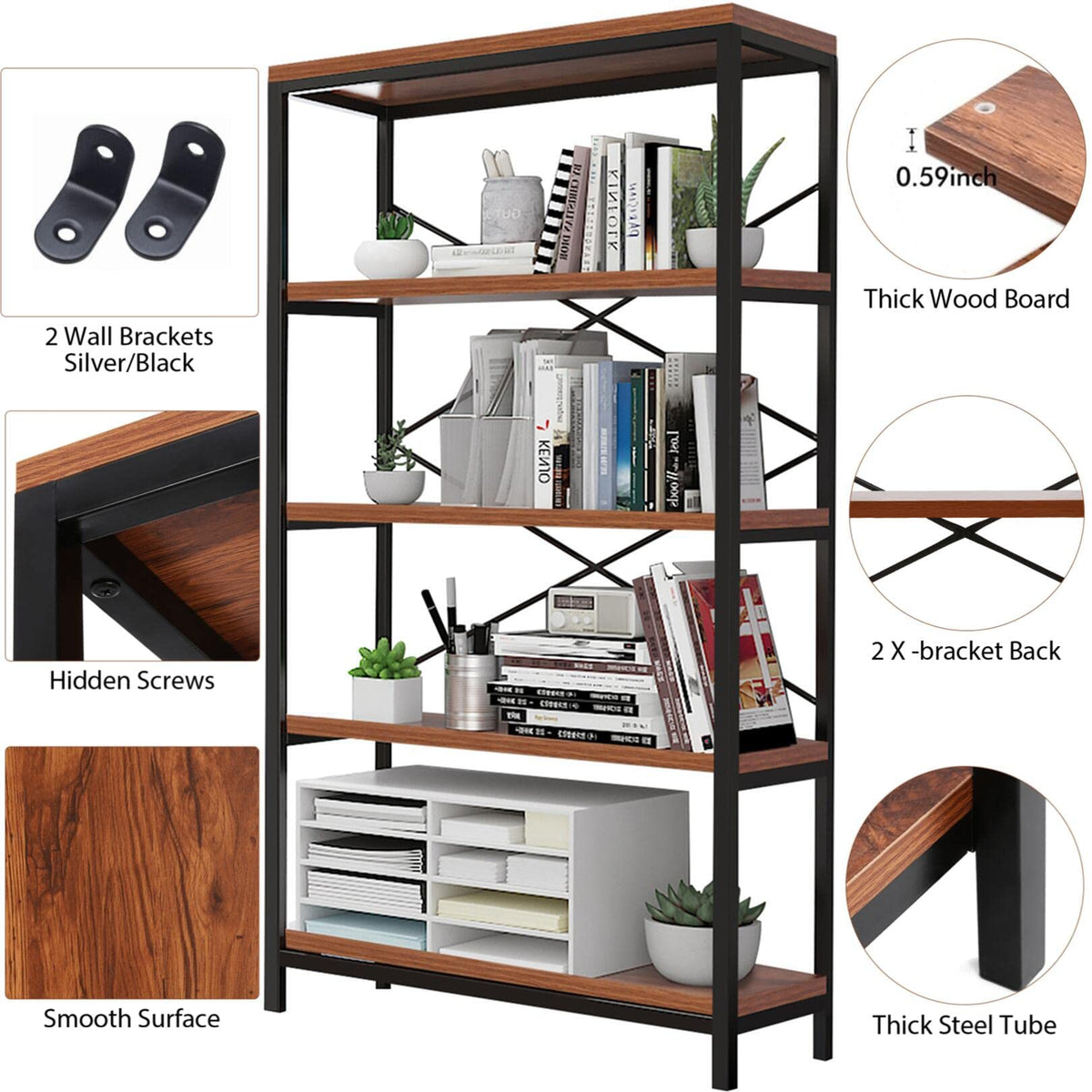 5 Tier Heavy Duty Freestanding Bookcase S86862