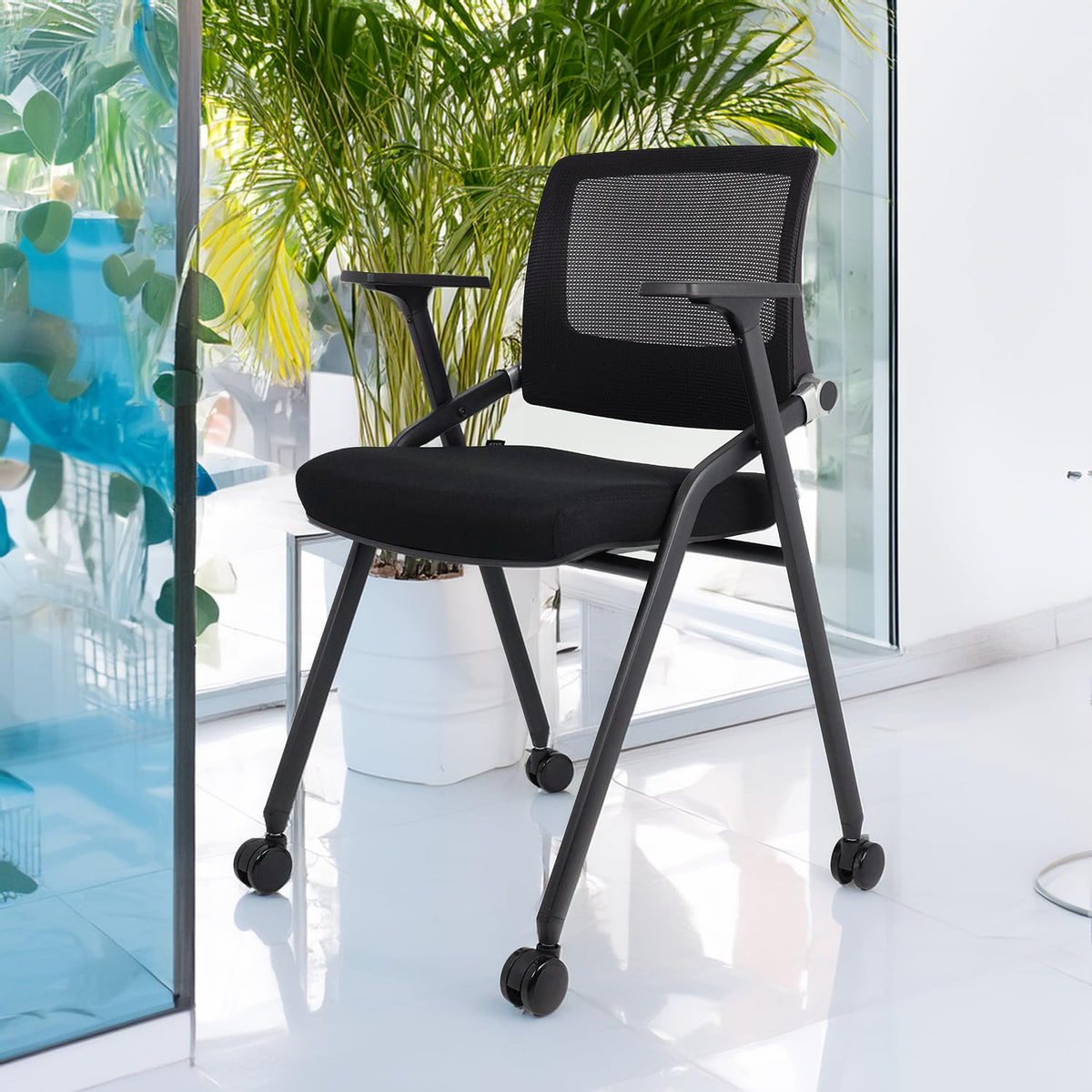 2 Pack Black Mesh Folding Office Chairs with Wheels H6877
