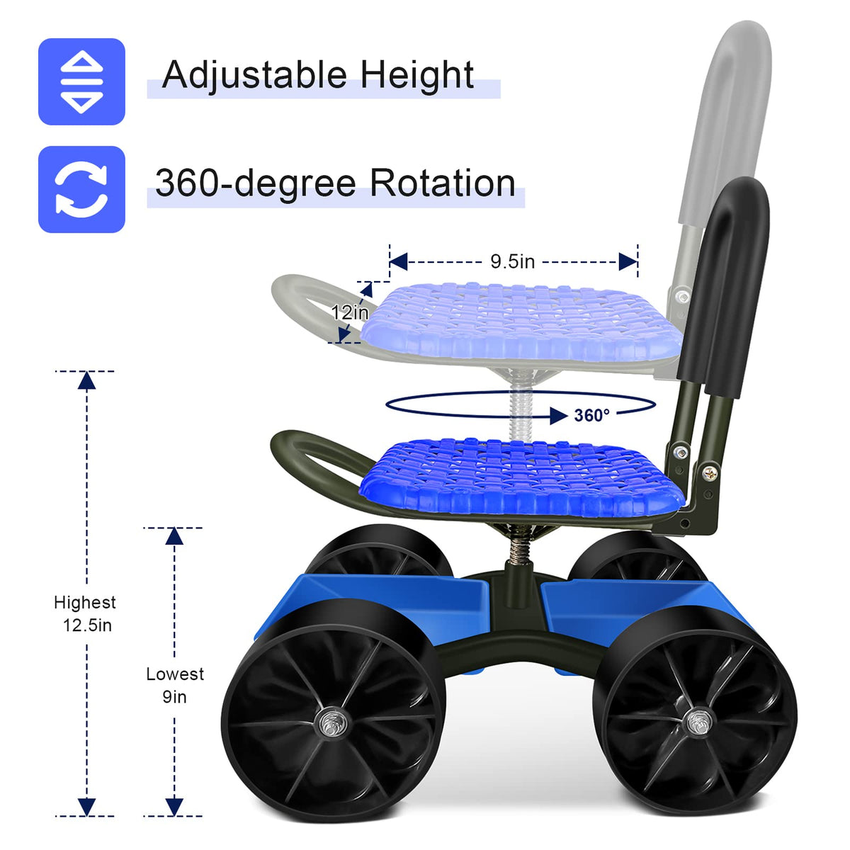 Blue Rolling Garden Cart with Four Wheels and Tool Bag W4101
