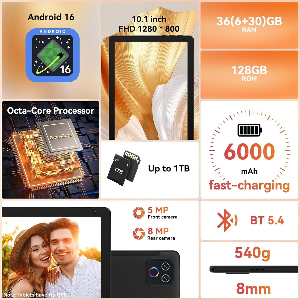 10.1" Android 16 Tablet Octa-core 36GB+128GB Dual Camera H542