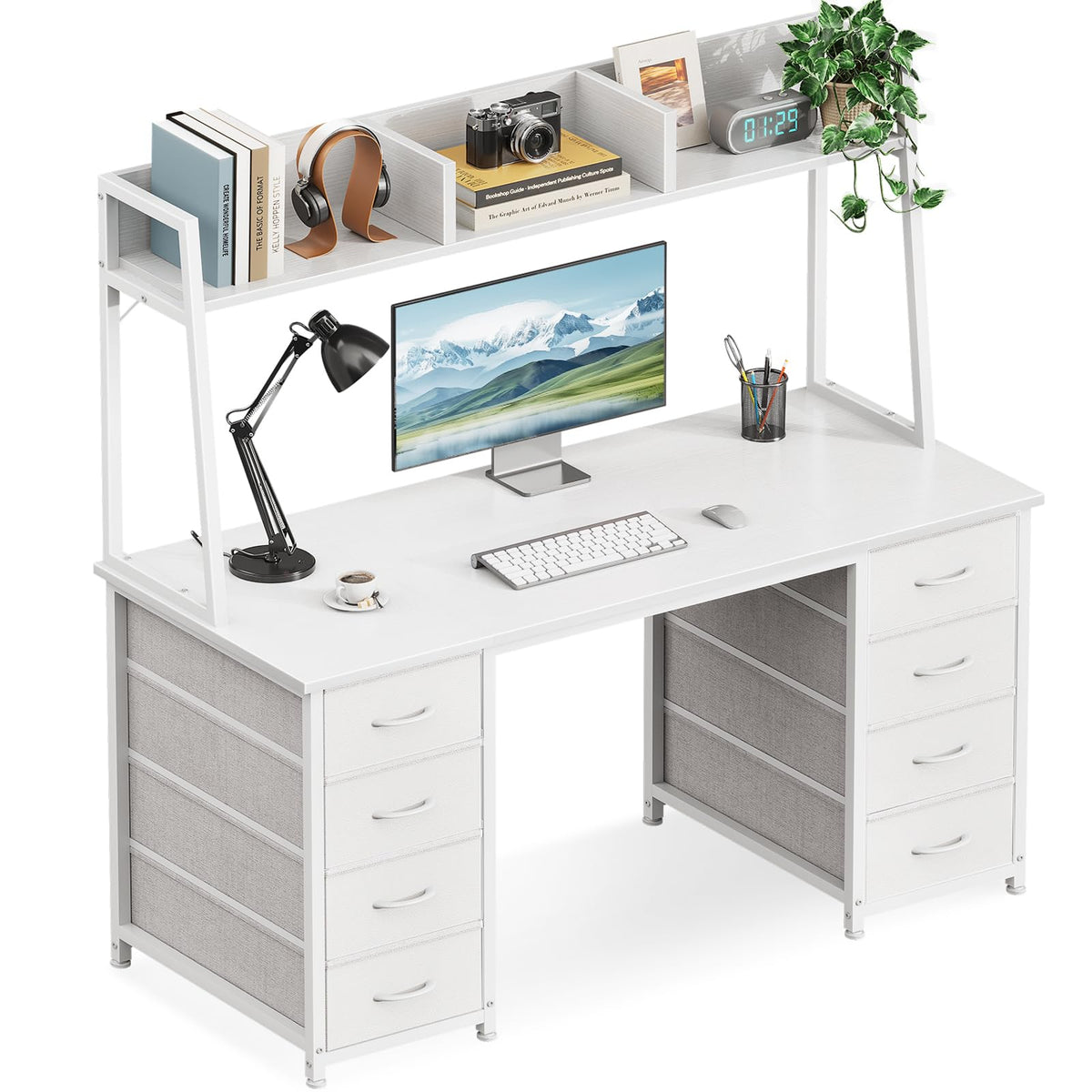 48 Inch White Computer Desk with Hutch and 8 Drawers E800938