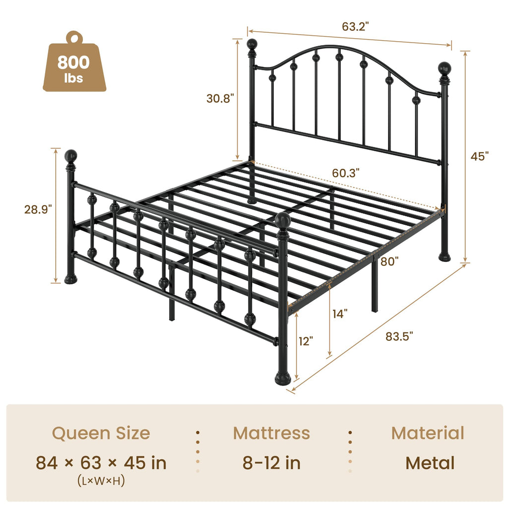 Queen Metal Bed Frame with Victorian Headboard and Footboard Black O9332