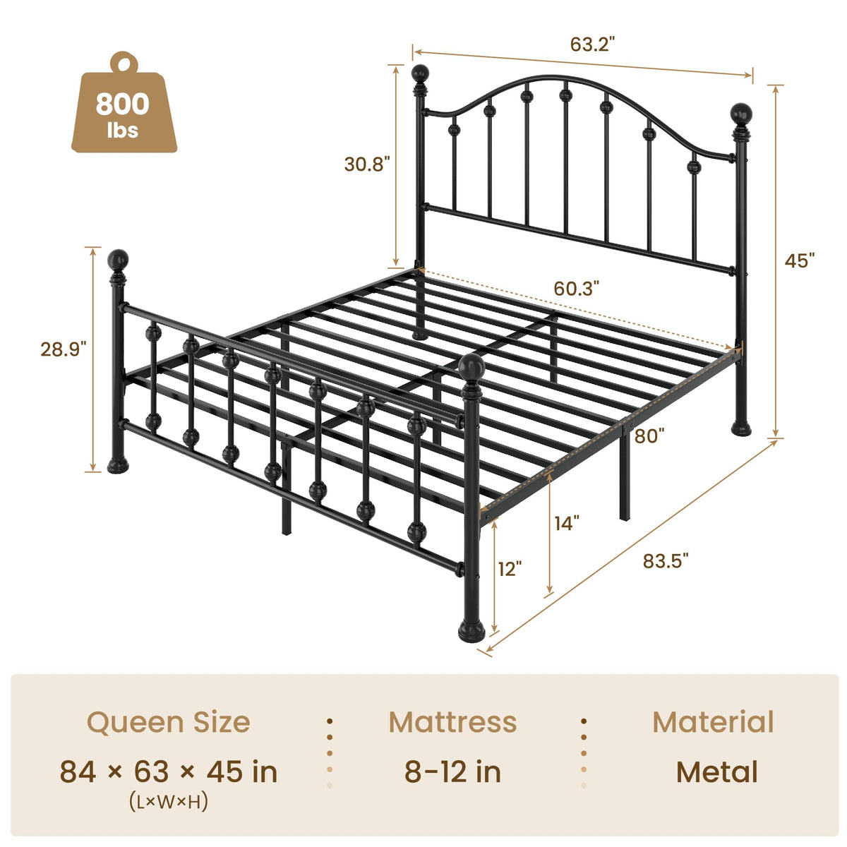 Queen Metal Bed Frame with Victorian Headboard and Footboard Black O9332