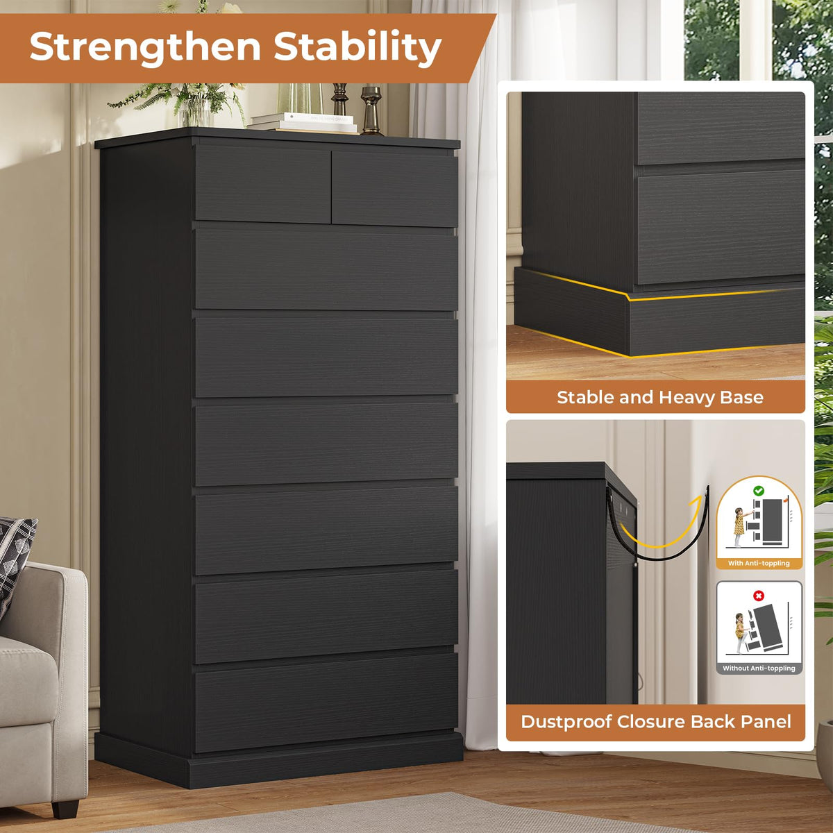 Black 8 Drawer Wood Dresser D33965