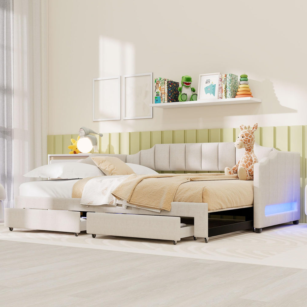 Linen Upholstered Daybed with Trundle and 2 Storage Drawers B978755