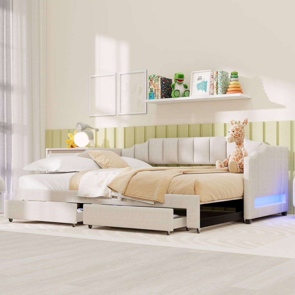Linen Upholstered Daybed with Trundle and 2 Storage Drawers B978755