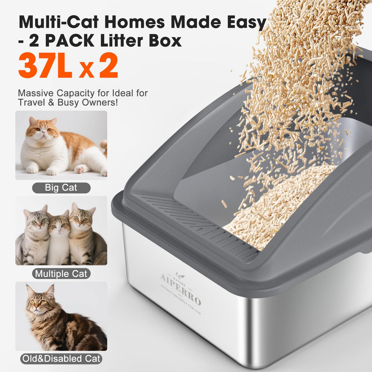 2 Pack XL Stainless Steel Enclosed Cat Litter Box with Lid L36314