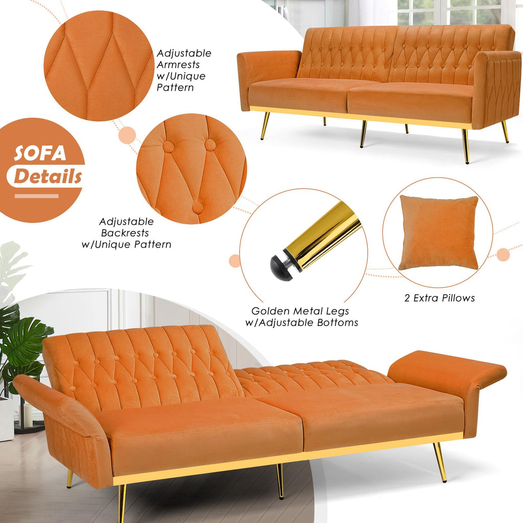 70" Velvet Futon with Adjustable Backrest and Armrests O58171
