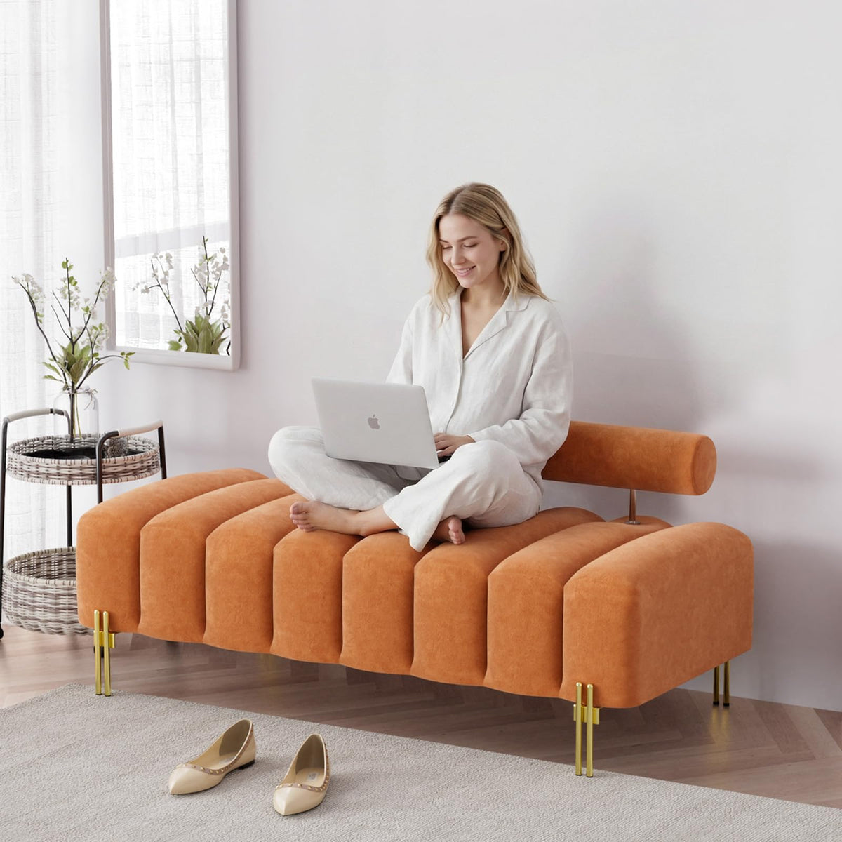 Orange Velvet Ottoman Bench X419199
