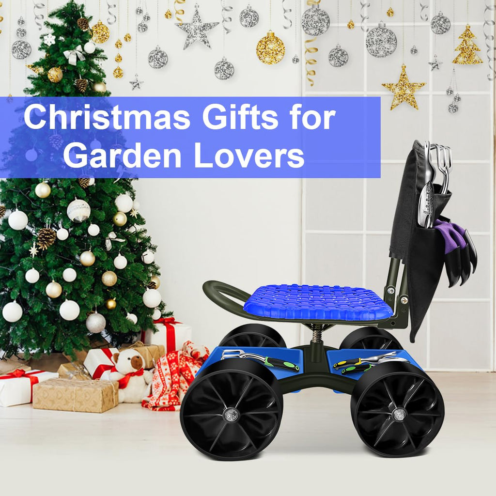 Blue Rolling Garden Cart with Four Wheels and Tool Bag W4101