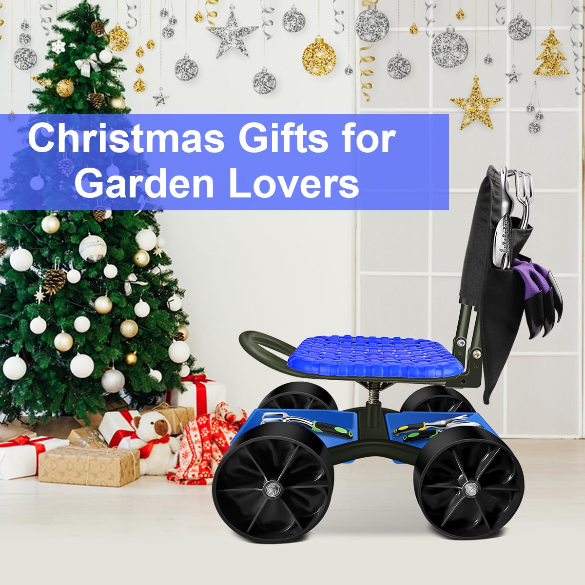 Blue Rolling Garden Cart with Four Wheels and Tool Bag W4101