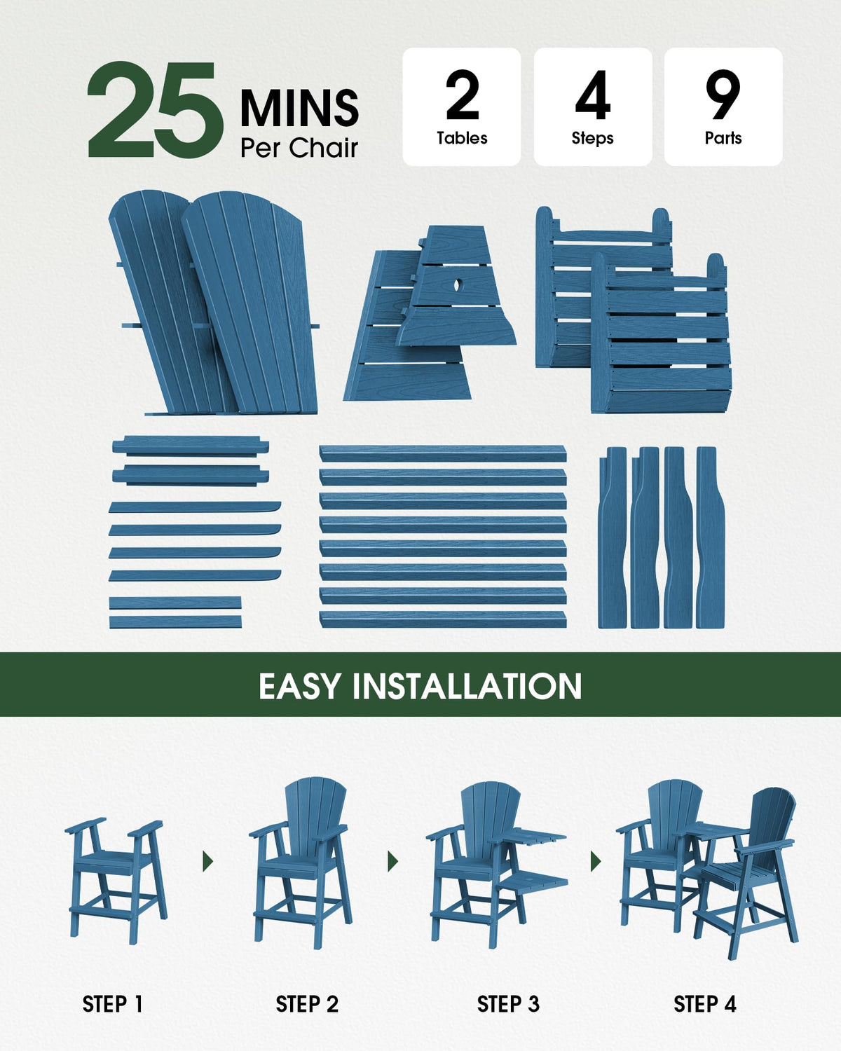 Navy Blue Adirondack Chairs Set of 2 with Table Trays S70588
