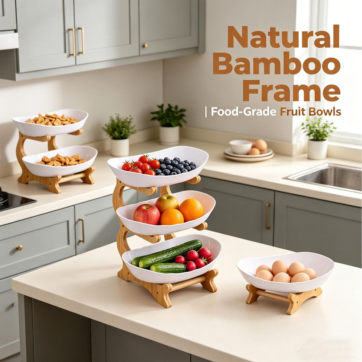 3 Tier Oval Fruit Basket with Bamboo Stand Y9269