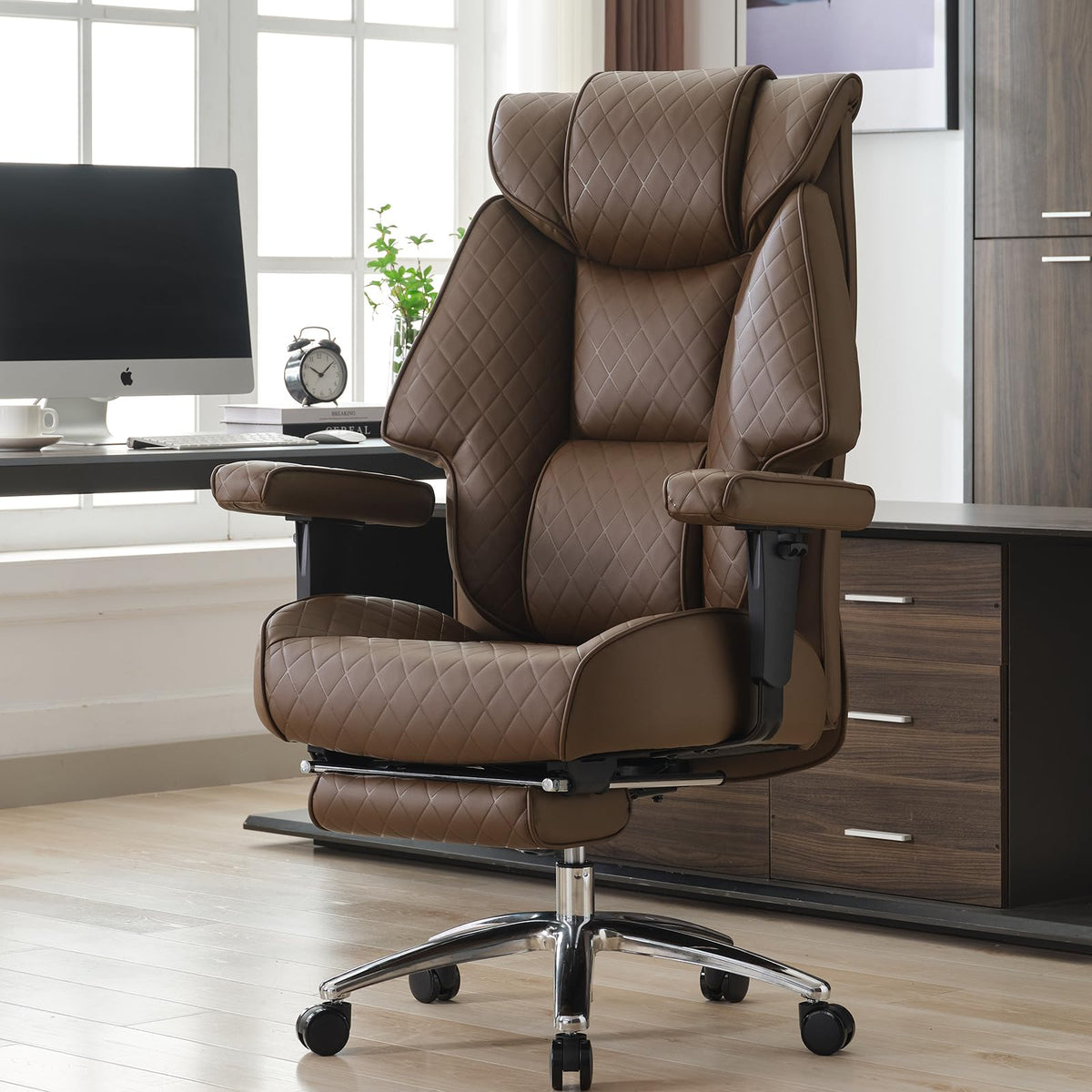 Big and Tall Office Chair with Footrest, PU Leather High Back Executive Chair 400lbs, Ergonomic Computer Chair Lumbar Support (Brown) X9273
