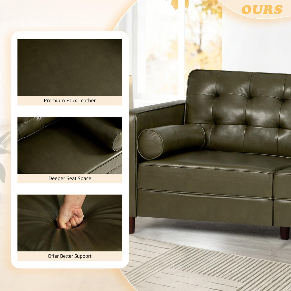 67" Olive Green Faux Leather 2-Seater Sofa with Bolster Pillows X9181