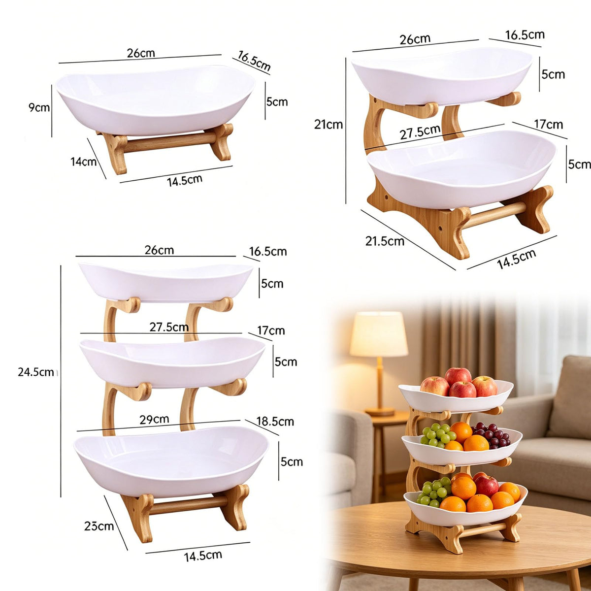 3 Tier Oval Fruit Basket with Bamboo Stand Y9269