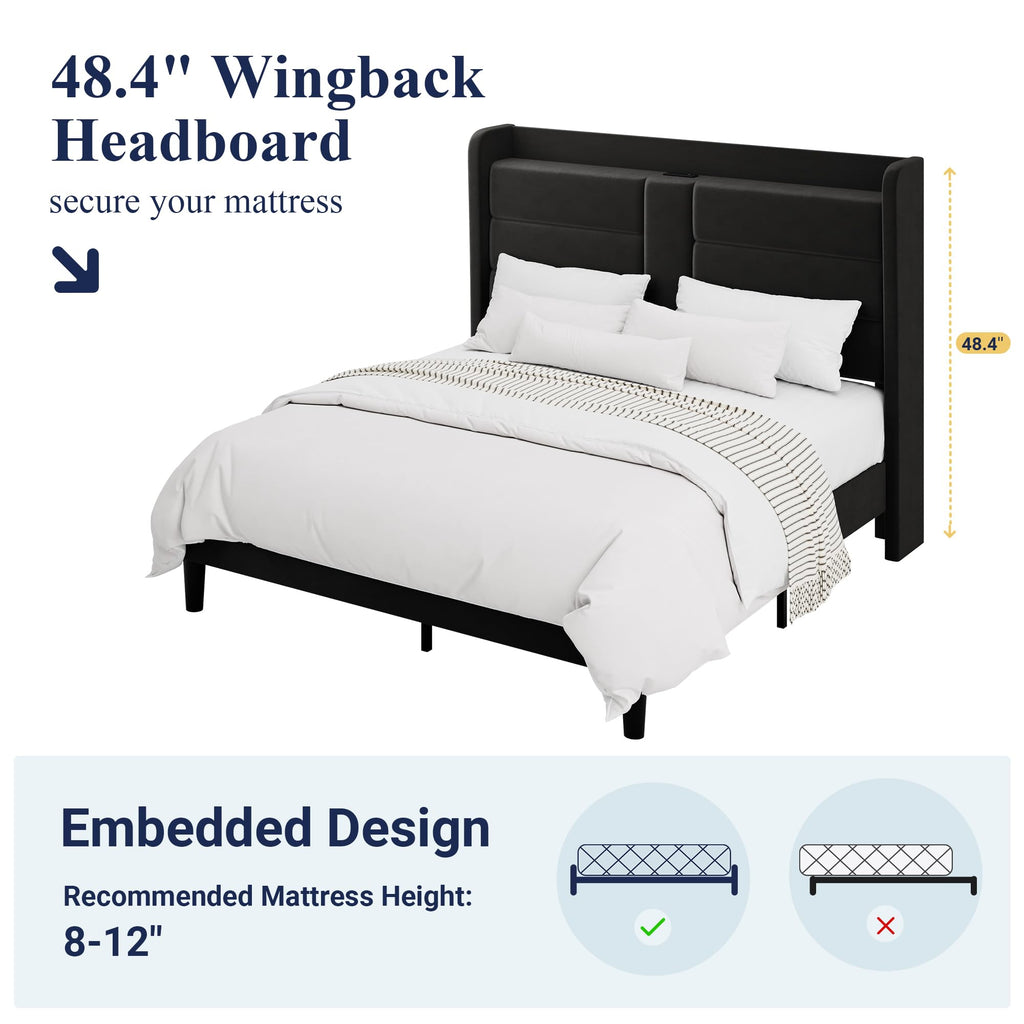 Queen Size Black Velvet Upholstered Platform Bed Frame with Storage Headboard W3457