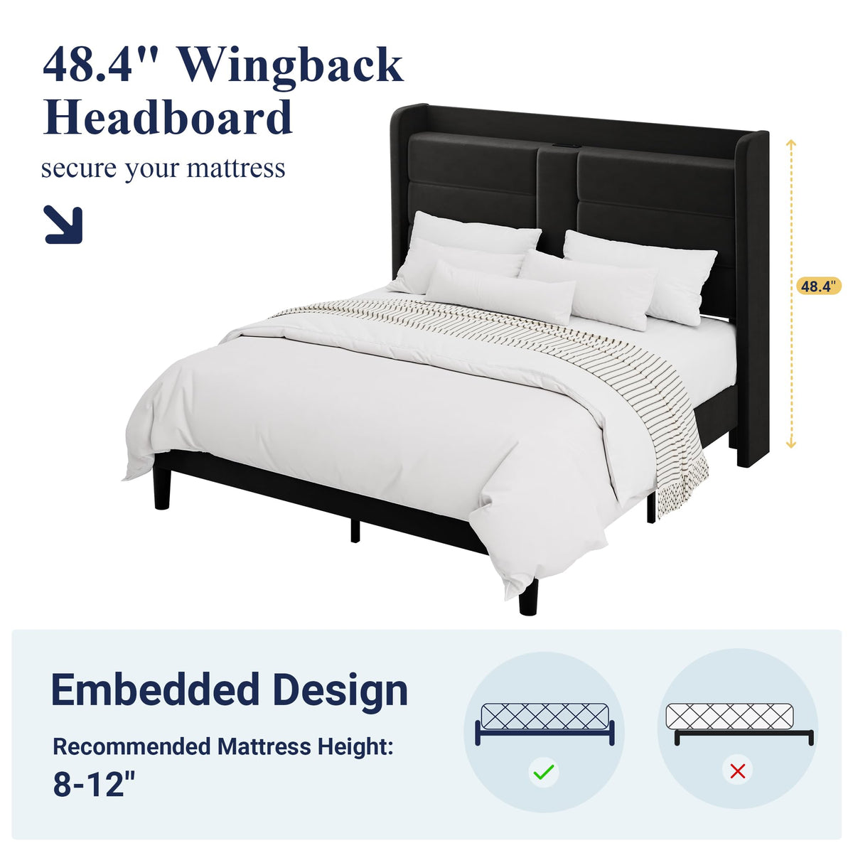 Queen Size Black Velvet Upholstered Platform Bed Frame with Storage Headboard W3457