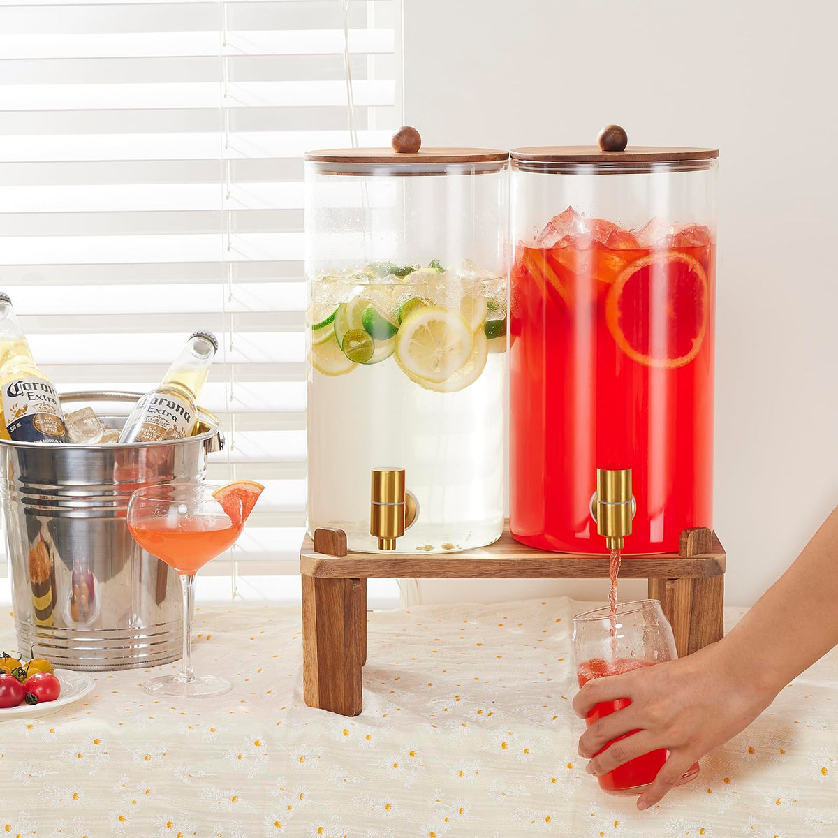 2pcs 1.5 Gallon Glass Drink Dispenser with Wood Stand Y784