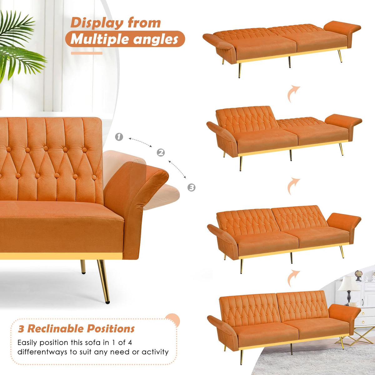 70" Velvet Futon with Adjustable Backrest and Armrests O58171